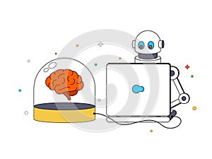 Robot with generative artificial intelligence is connected to a human brain for learning. Concept of learning in the future of