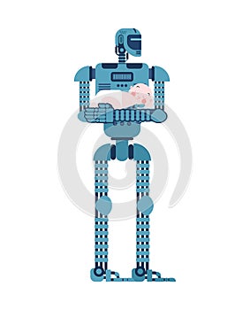 Robot gently holding a baby, symbolizing artificial intelligence caring for humanity, future technology, and emotional connection