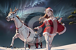 robot girl christmas outfit illustration reindeer sled and snowy starry background ai Generated