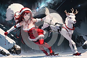 robot girl christmas outfit illustration reindeer sled and snowy starry background ai Generated