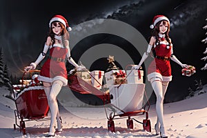 robot girl christmas outfit illustration reindeer sled and snowy starry background ai Generated