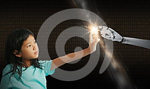 A robot and a girl's hands touch and connect on binary code background. Smart AI, Machine learning, Chatbot. Artificial
