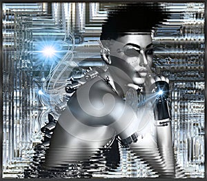 Robot girl on siver abstract background