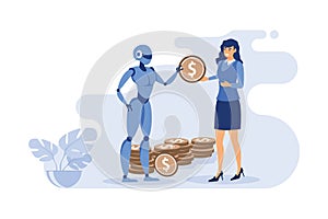 The robot gives a gold coin to the girl.
