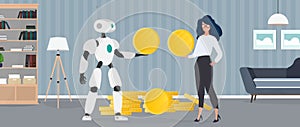 The robot gives a gold coin to the girl. The robot brings profit to the business. Vector.