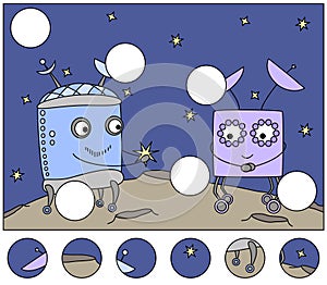 The robot gives a star to his sweetheart. Complete the puzzle and find the missing parts of the picture. Game for kids