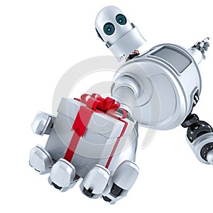 Robot giving a gift box. Isolated. Contains clipping path