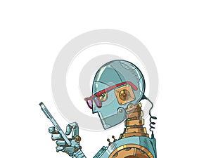 A robot with glasses looks at the phone. Bots on social networks. The problem of artificial intelligence on the Internet