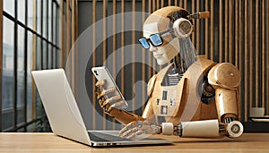 Robot with glasses sitting at the table and working with laptop.AI Generated