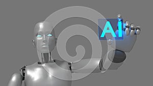 Robot with glowing eyes holding AI sign