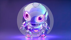 A robot with glowing eyes stands in front of a purple background