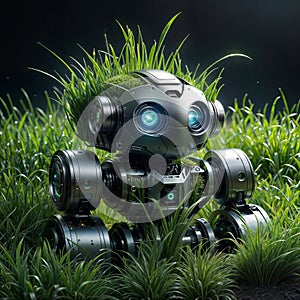 Robot in the grass head covered with fresh grass