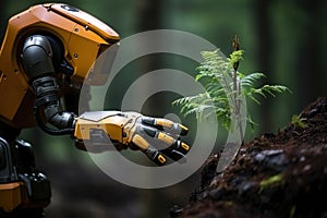 Robot growing plant in the forest