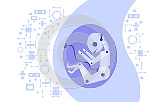 A robot grows inside the human womb. With umbilical cord connected to head