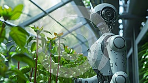 A robot grows plants in a greenhouse.