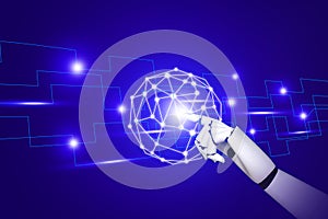 Robot hand abstract lines and connection points communication technology background for business internet network digital data