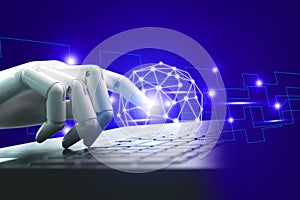 Robot hand abstract lines and connection points communication technology background for business internet network digital data
