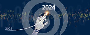 A robot hand, AI, draws rising curve from the end of 2023 rises to the start of 2024. Happy new year and welcome new business and