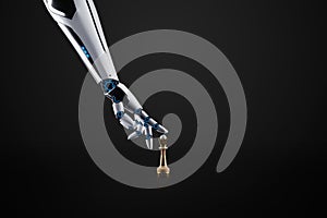 Robot hand, artificial intelligence plays chess. Concept: Solving human problems, developing a neural network, advanced technology