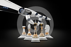 Robot hand, artificial intelligence plays chess. Concept: Solving human problems, developing a neural network, advanced technology