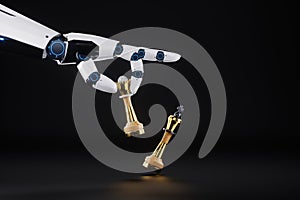 Robot hand, artificial intelligence plays chess. Concept: Solving human problems, developing a neural network, advanced technology