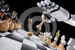 Robot hand, artificial intelligence plays chess. Concept: Solving human problems, developing a neural network, advanced technology