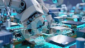 Robot hand assembling electronic components on a circuit board