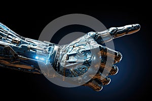 Robot hand on dark isolated background, Detailed image of a robotic anatomy close up, Cyborg mechanical arm pointing