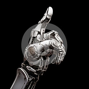 Robot hand finger making contact or pressing something on dark isolated background. Cyborg mechanical arm pointing