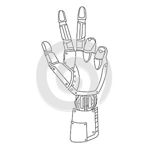 Robot hand gesture peace sign with two fingers. Vector Line art drawing.Artificial intelligence