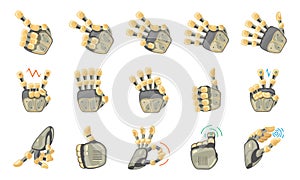 Robot hand gestures. Robotic hands. Mechanical technology machine engineering symbol. Hand gestures set. Big robot arm.
