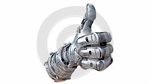 Robot hand giving thumbs up isolated on white background. Generative AI.