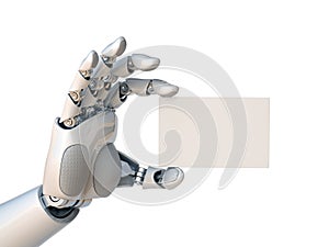 Robot hand holding a blank business card 3d rendering