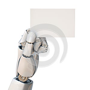 Robot hand holding a blank business card 3d rendering