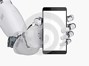 Robot hand holding blank screen mobile phone