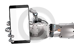 Robot hand holding blank screen mobile phone