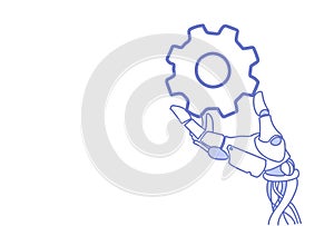 Robot hand holding cog wheel virtual assistance repair support process concept artificial intelligence sketch doodle