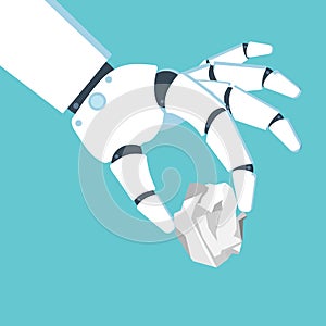 Robot hand holding a crumpled paper sheet. Vector illustration