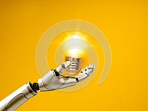 Robot hand holding glowing light bulb symbolizes artificial intelligence, innovation, smart technology, machine learning