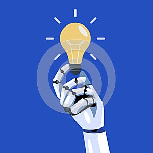 Robot hand is holding lightbulb idea