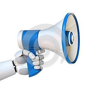 Robot hand holding loudspeaker, android with megaphone, tech advertisement concept 3d rendering