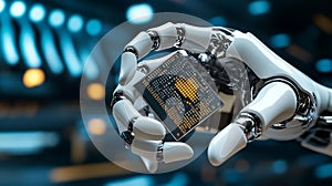 Robot hand holding a microchip in focus. Generative AI