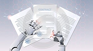 Robot hand holding pen signature document signing up contract humanoid sign agreement top angle view artificial