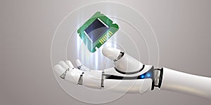 Robot hand holding processor. Technology, machine learning, neural network, Artificial Intelligence, AI.