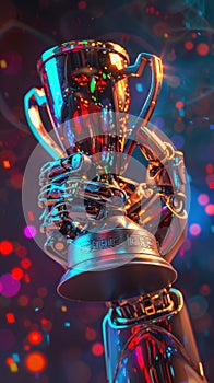 A robot hand holding a trophy with colorful lights in the background