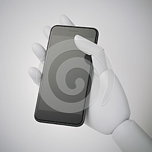 Robot hand holds a black modern smartphone. 3d rendering