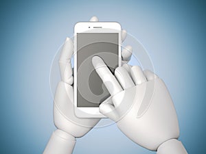 Robot hand holds a black smartphone on blue background. 3d rendering