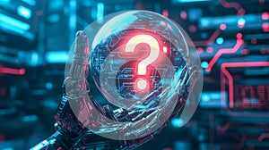 A robot hand holds a glowing question mark. Generative Ai