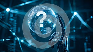 A robot hand holds a glowing question mark. Generative AI
