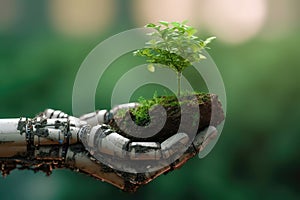 Robot Hand Holds Pile Of Earth With Sprout Against Green Background. Generative AI